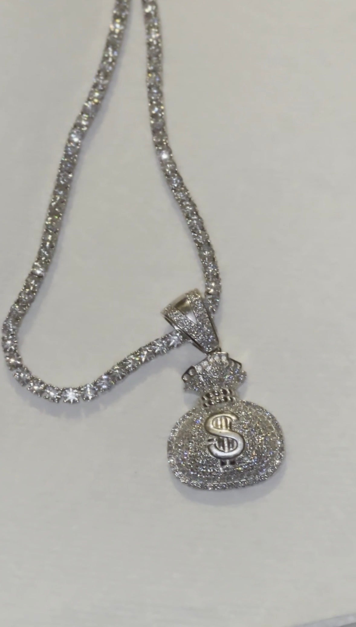 VVS Moissanite Money Bag Pendant + Tennis Chain Bundle (Solid 925 Silver)