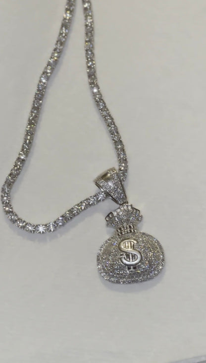 VVS Moissanite Money Bag Pendant + Tennis Chain Bundle (Solid 925 Silver)