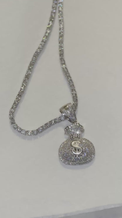 VVS Moissanite Money Bag Pendant + Tennis Chain Bundle (Solid 925 Silver)